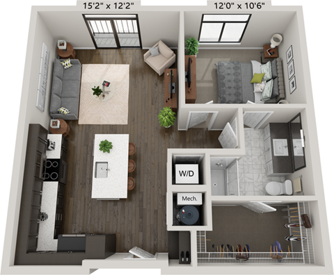 Floor plan for 1 bed, 1 bath, 691 sqft